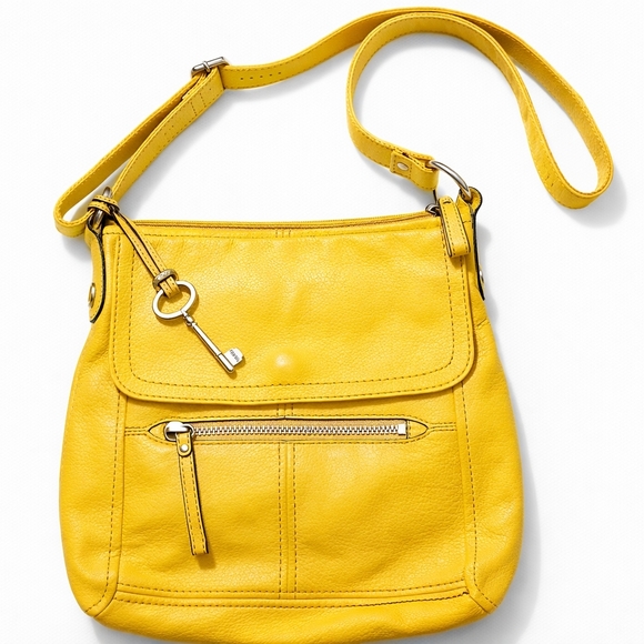 Fossil Handbags - Fossil Yellow Leather Crossbody Bag Key Charm Zip Pockets